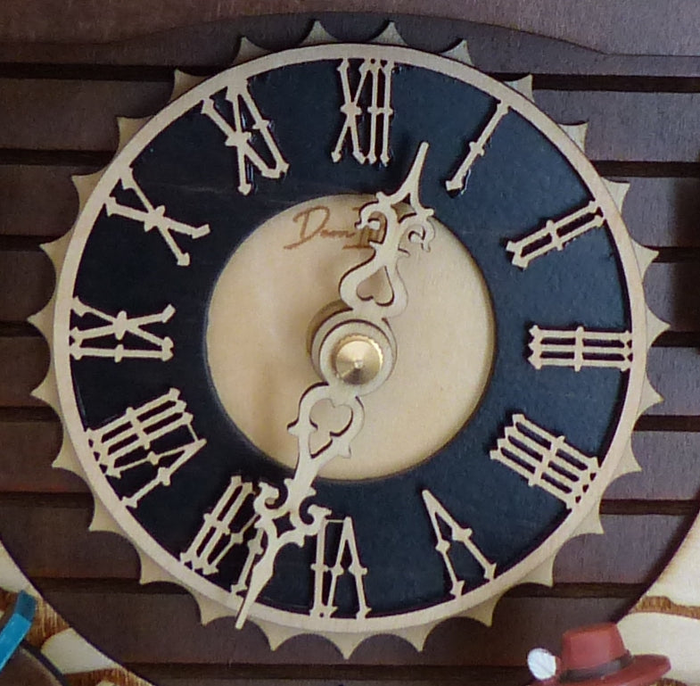 Traditional Black Forest Cuckoo Clock, Handcrafted, Dancing Figurines, Beer Drinkers & Wind Mill Decor, Quartz German Design, Volume Control, Auto Night Mode, Dark Walnut, 13.8"