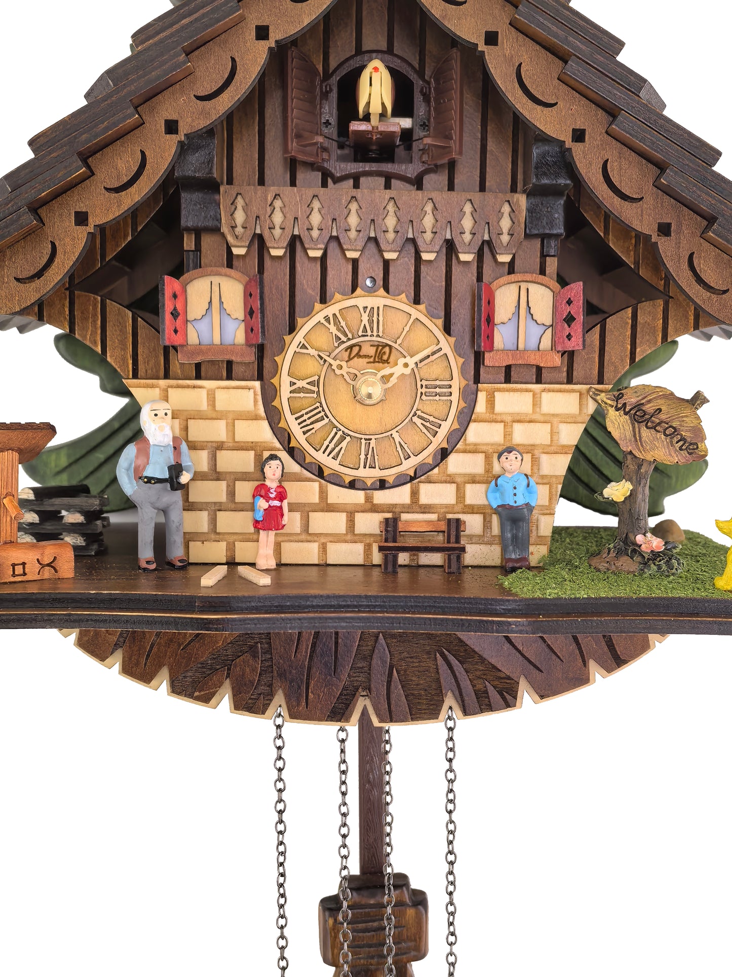 Traditional Black Forest Cuckoo Clock, Handcrafted, Dog & Family Decor, Quartz German Design, Wooden Pendulum, Volume Control, Auto Night Mode, Dark Walnut, 11.3" Height