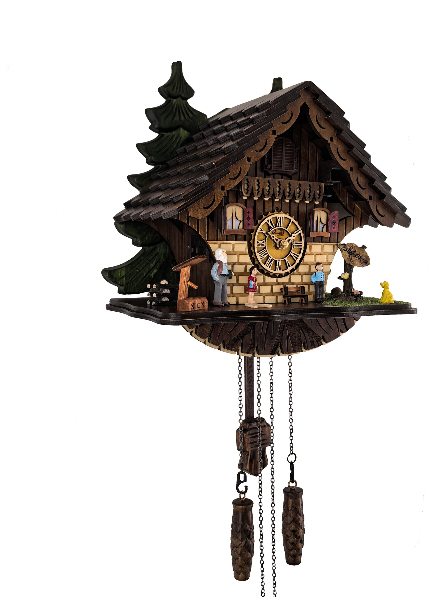 Traditional Black Forest Cuckoo Clock, Handcrafted, Dog & Family Decor, Quartz German Design, Wooden Pendulum, Volume Control, Auto Night Mode, Dark Walnut, 11.3" Height