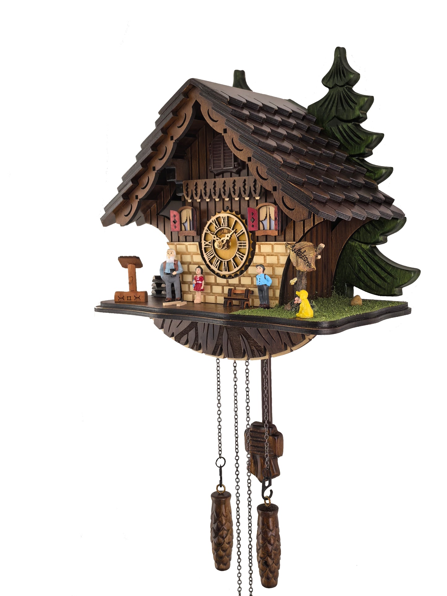 Traditional Black Forest Cuckoo Clock, Handcrafted, Dog & Family Decor, Quartz German Design, Wooden Pendulum, Volume Control, Auto Night Mode, Dark Walnut, 11.3" Height