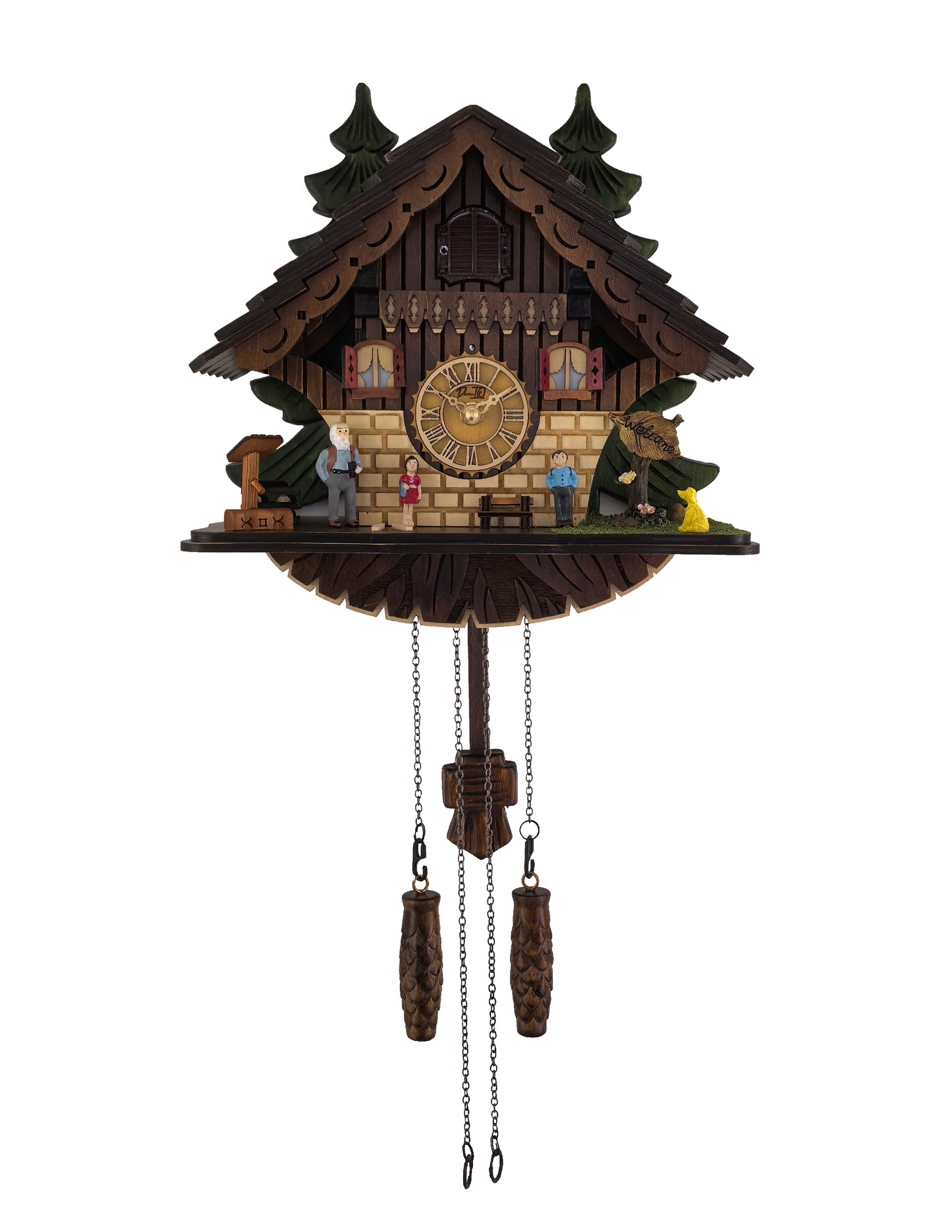 Traditional Black Forest Cuckoo Clock, Handcrafted, Dog & Family Decor, Quartz German Design, Wooden Pendulum, Volume Control, Auto Night Mode, Dark Walnut, 11.3" Height