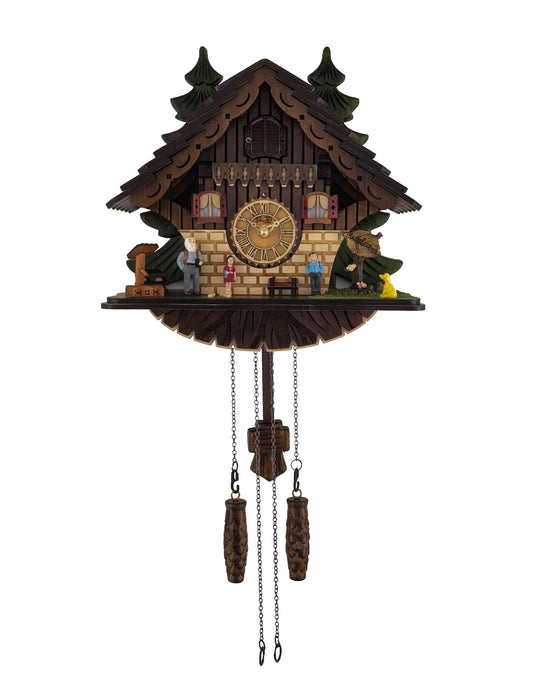 Traditional Black Forest Cuckoo Clock, Handcrafted, Dog & Family Decor, Quartz German Design, Wooden Pendulum, Volume Control, Auto Night Mode, Dark Walnut, 11.3" Height
