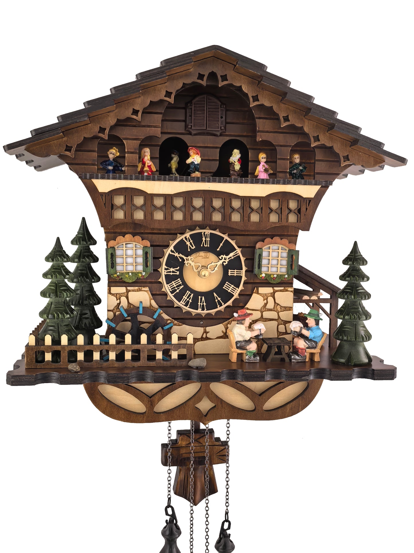 Traditional Black Forest Cuckoo Clock, Handcrafted, Dancing Figurines, Beer Drinkers & Wind Mill Decor, Quartz German Design, Volume Control, Auto Night Mode, Dark Walnut, 13.8"