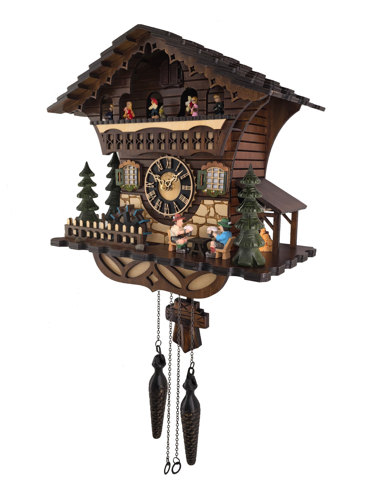 Traditional Black Forest Cuckoo Clock, Handcrafted, Dancing Figurines, Beer Drinkers & Wind Mill Decor, Quartz German Design, Volume Control, Auto Night Mode, Dark Walnut, 13.8"