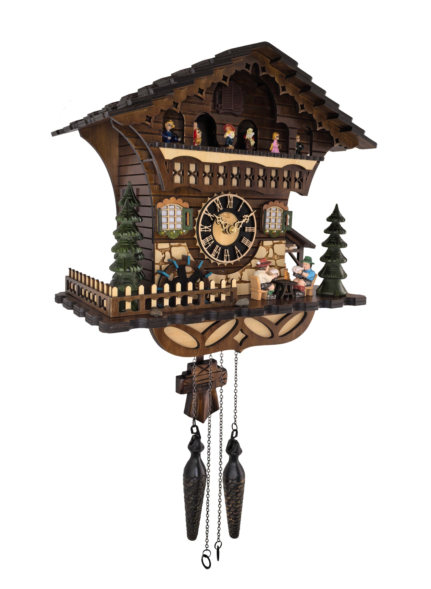 Traditional Black Forest Cuckoo Clock, Handcrafted, Dancing Figurines, Beer Drinkers & Wind Mill Decor, Quartz German Design, Volume Control, Auto Night Mode, Dark Walnut, 13.8"