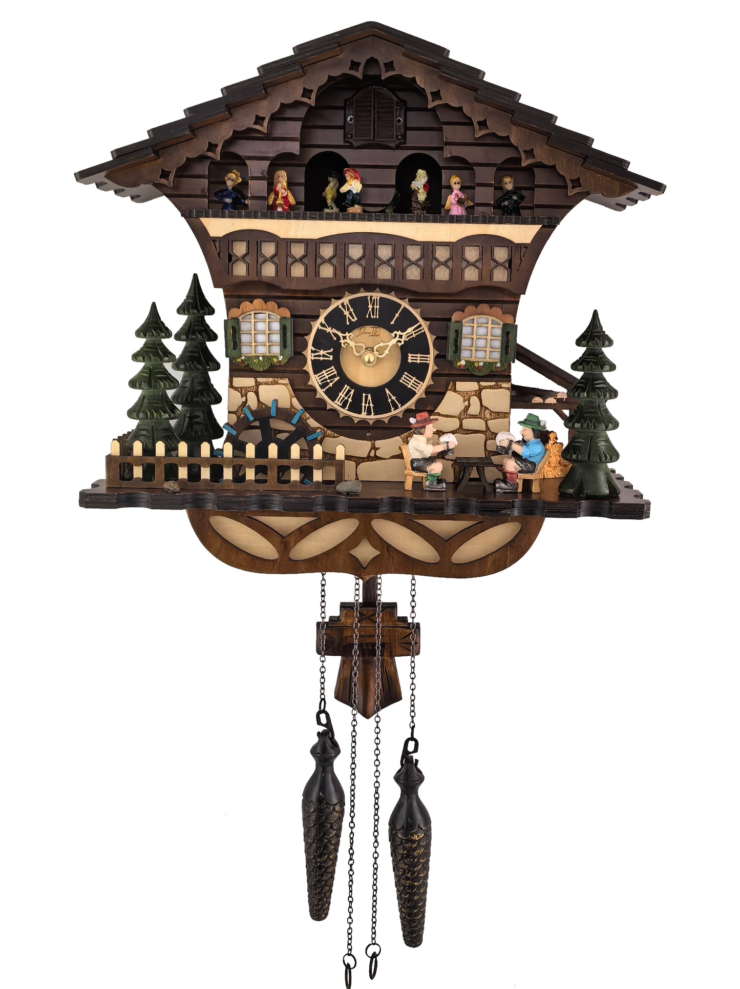 Traditional Black Forest Cuckoo Clock, Handcrafted, Dancing Figurines, Beer Drinkers & Wind Mill Decor, Quartz German Design, Volume Control, Auto Night Mode, Dark Walnut, 13.8"