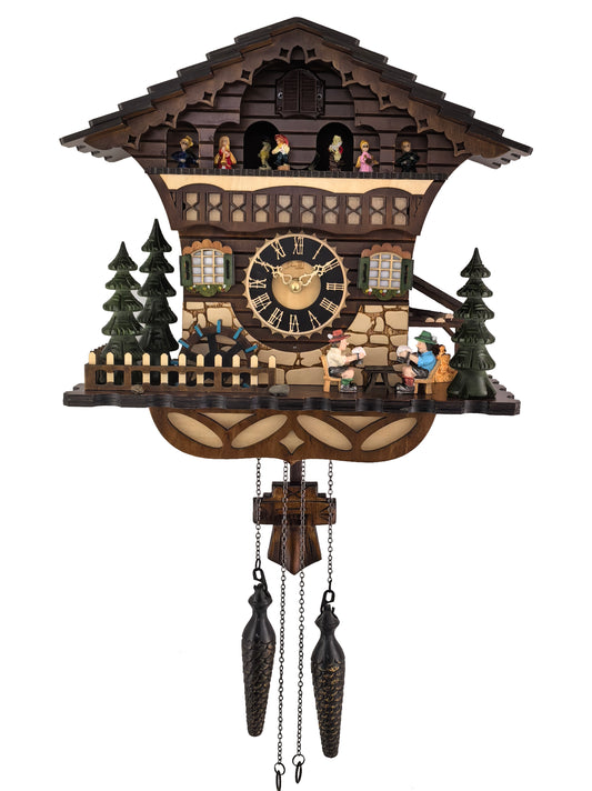 Traditional Black Forest Cuckoo Clock, Handcrafted, Dancing Figurines, Beer Drinkers & Wind Mill Decor, Quartz German Design, Volume Control, Auto Night Mode, Dark Walnut, 13.8"