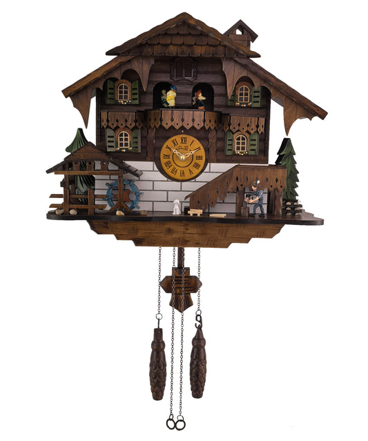 Traditional Black Forest Cuckoo Clock, Handcrafted, Moving Wood Chopper, Mill Wheel, Dancing Figurines, Quartz German Design, Volume Control, Auto Night Mode, Dark Walnut, 15.5"