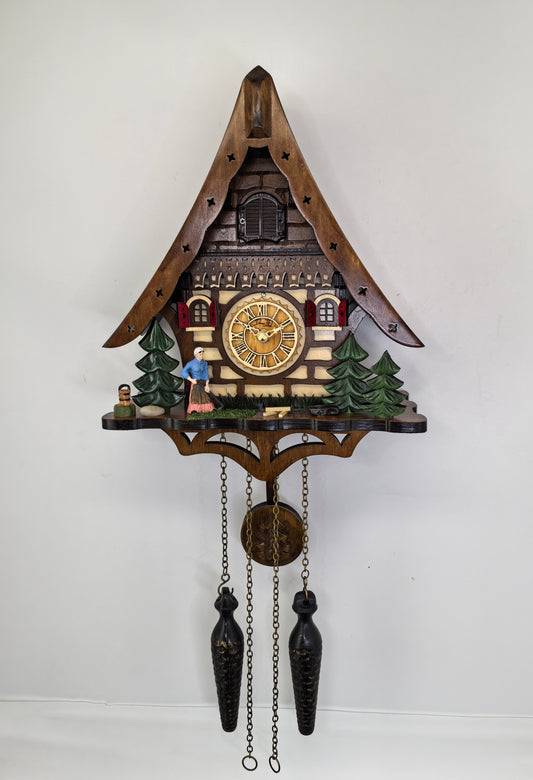Cuckoo Clock for Wall, Handcrafted Traditional Black Forest, Farming Scene, Quartz German Design, Musical, 12 Melodies, Auto Night Off