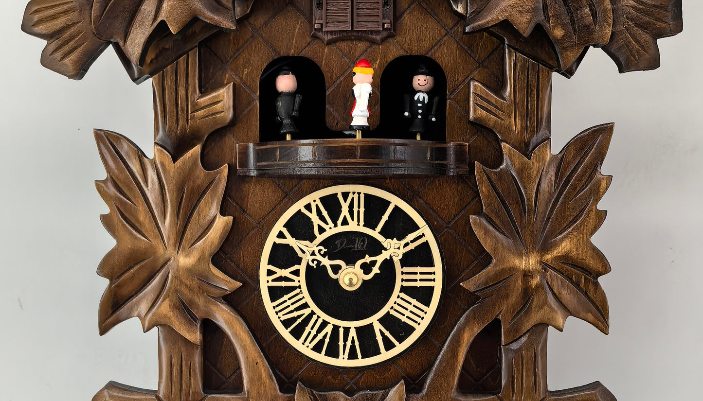 Cuckoo Clock for Wall, Handcrafted Traditional Black Forest, Dancing Figurines, Quartz German Design, Musical, 12 Melodies, Auto Night Off