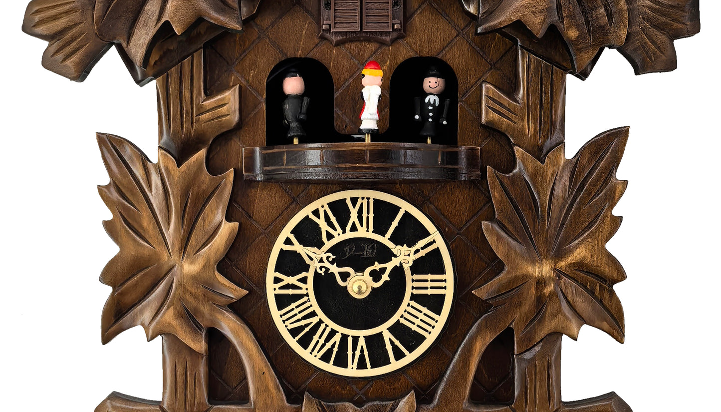 Traditional Black Forest Cuckoo Clock, Handcrafted, Dancing Figurines, Quartz German Design, Musical, 12 Melodies, Auto Night Off