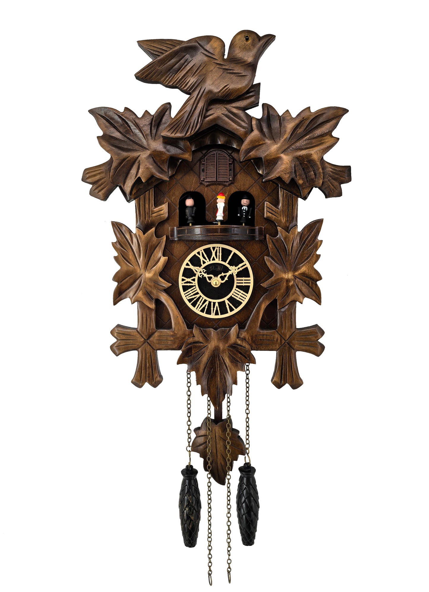 Traditional Black Forest Cuckoo Clock, Handcrafted, Dancing Figurines, Quartz German Design, Musical, 12 Melodies, Auto Night Off
