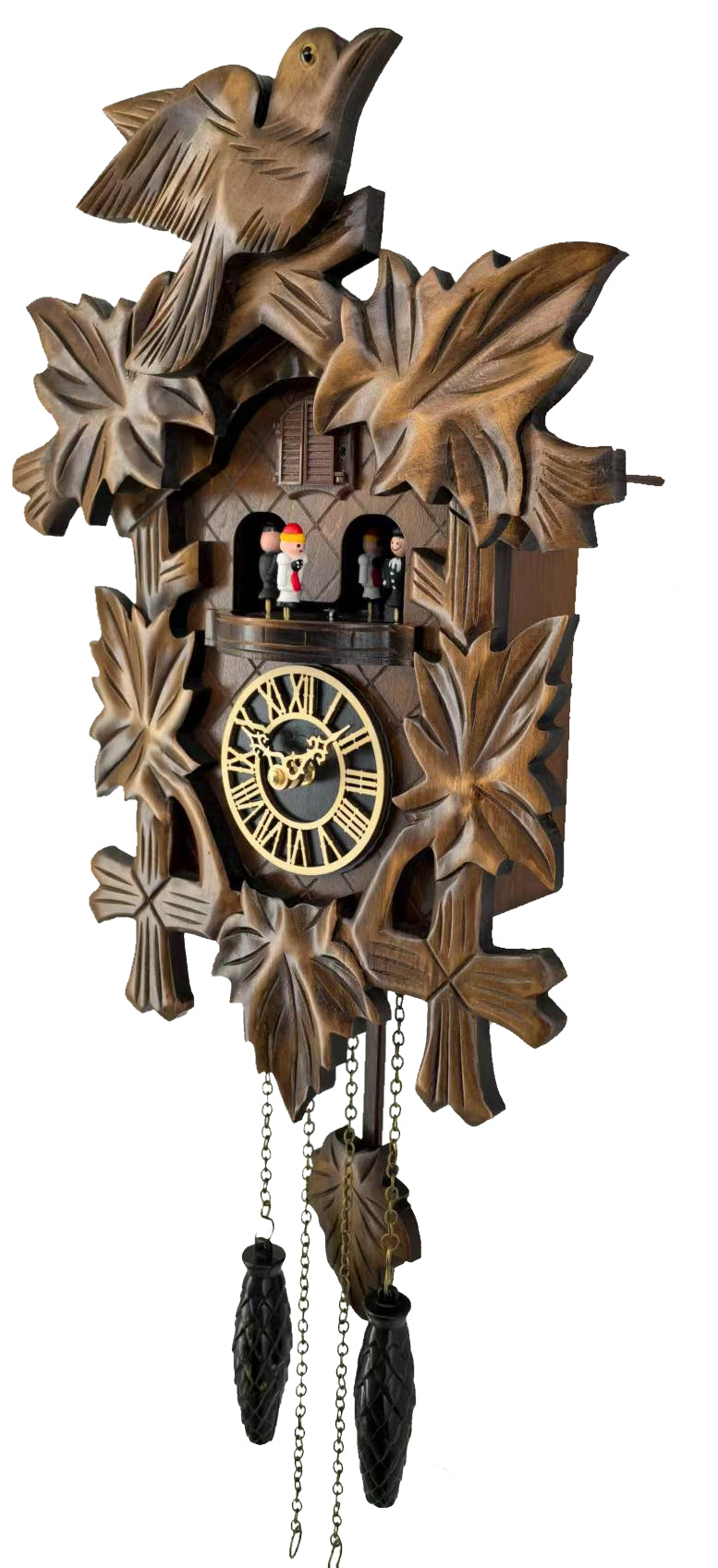 Traditional Black Forest Cuckoo Clock, Handcrafted, Dancing Figurines, Quartz German Design, Musical, 12 Melodies, Auto Night Off