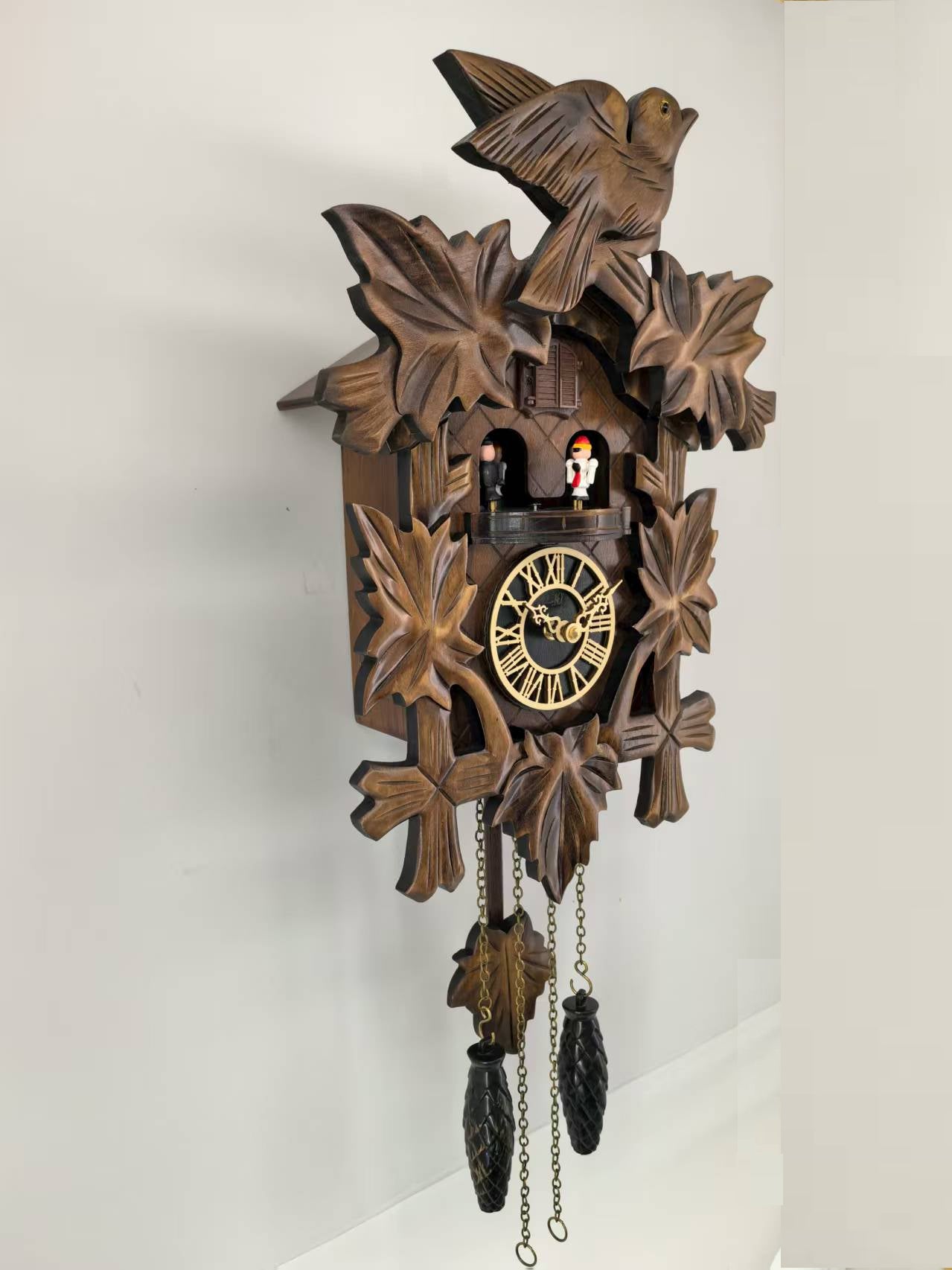 Cuckoo Clock for Wall, Handcrafted Traditional Black Forest, Dancing Figurines, Quartz German Design, Musical, 12 Melodies, Auto Night Off