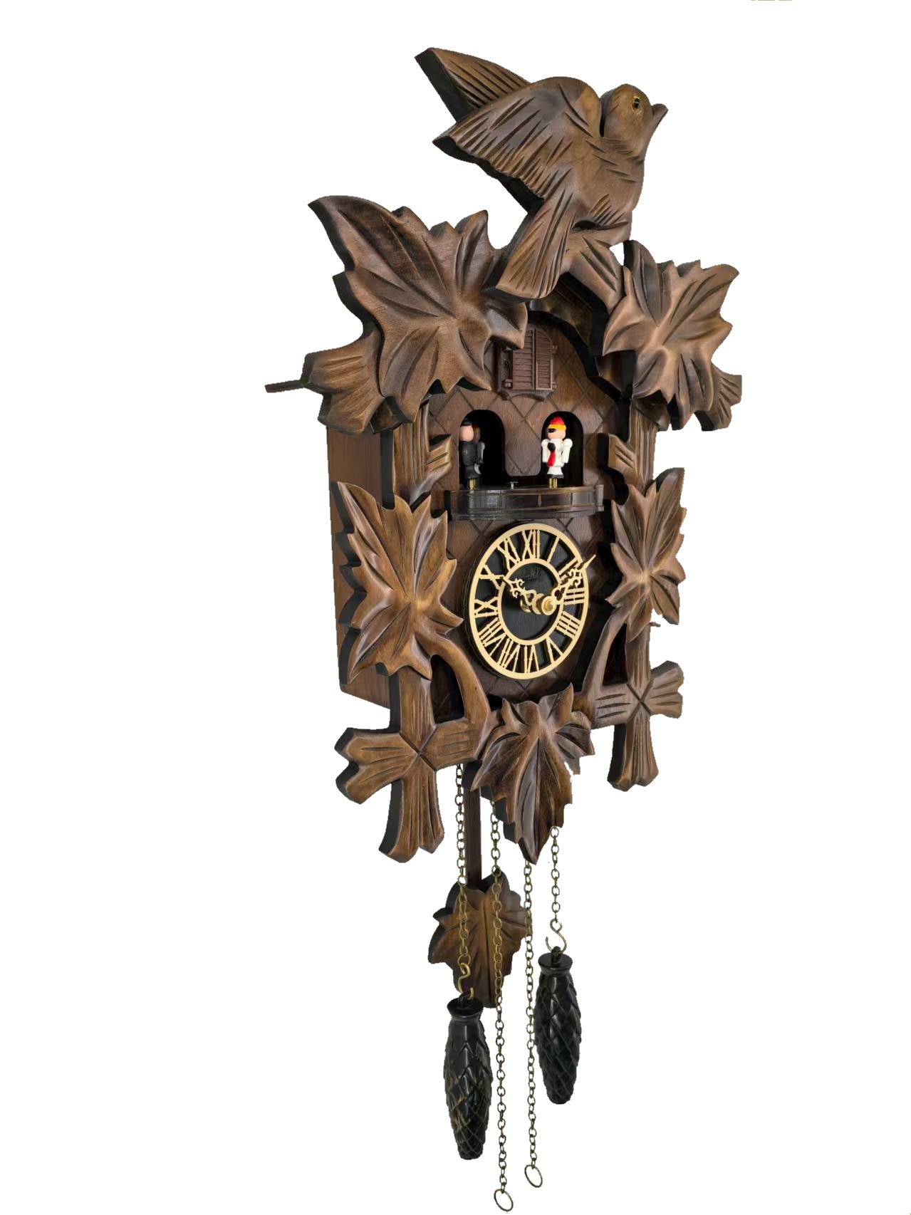 Traditional Black Forest Cuckoo Clock, Handcrafted, Dancing Figurines, Quartz German Design, Musical, 12 Melodies, Auto Night Off