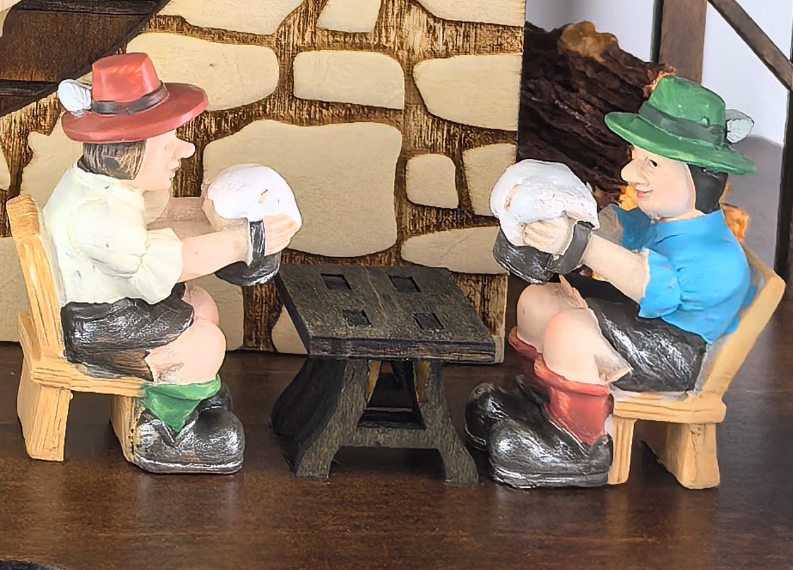 Traditional Black Forest Cuckoo Clock, Handcrafted, Dancing Figurines, Beer Drinkers & Wind Mill Decor, Quartz German Design, Volume Control, Auto Night Mode, Dark Walnut, 13.8"