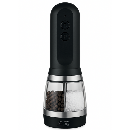Electric Salt and Pepper Grinder Mill 2 in 1 - USB Rechargeable with Adjustable Coarseness, All in One Ceramic grinder with LED Light, One-Handed Operation, Refillable Compartments, Black