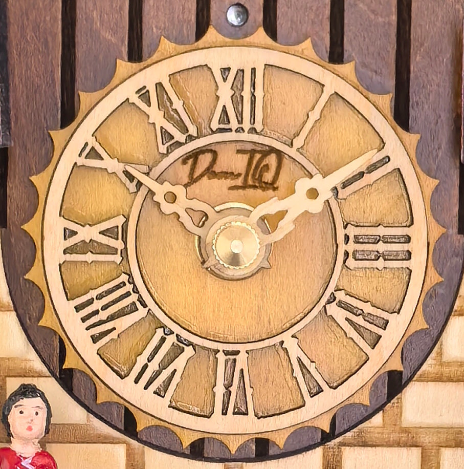 Traditional Black Forest Cuckoo Clock, Handcrafted, Dog & Family Decor, Quartz German Design, Wooden Pendulum, Volume Control, Auto Night Mode, Dark Walnut, 11.3" Height