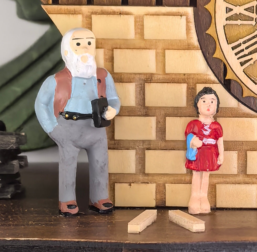 Traditional Black Forest Cuckoo Clock, Handcrafted, Dog & Family Decor, Quartz German Design, Wooden Pendulum, Volume Control, Auto Night Mode, Dark Walnut, 11.3" Height