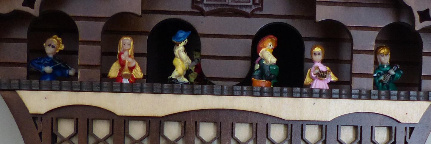 Traditional Black Forest Cuckoo Clock, Handcrafted, Dancing Figurines, Beer Drinkers & Wind Mill Decor, Quartz German Design, Volume Control, Auto Night Mode, Dark Walnut, 13.8"