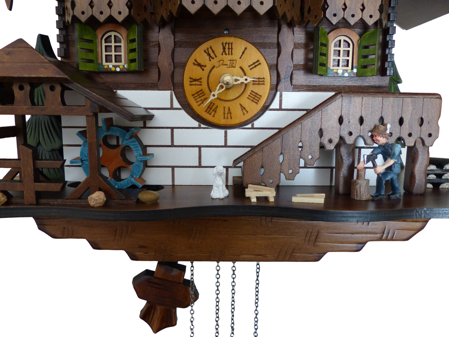 Traditional Black Forest Cuckoo Clock, Handcrafted, Moving Wood Chopper, Mill Wheel, Dancing Figurines, Quartz German Design, Volume Control, Auto Night Mode, Dark Walnut, 15.5"