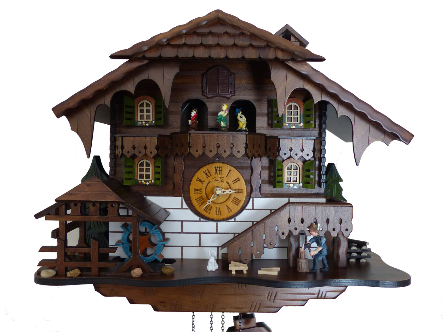 Traditional Black Forest Cuckoo Clock, Handcrafted, Moving Wood Chopper, Mill Wheel, Dancing Figurines, Quartz German Design, Volume Control, Auto Night Mode, Dark Walnut, 15.5"