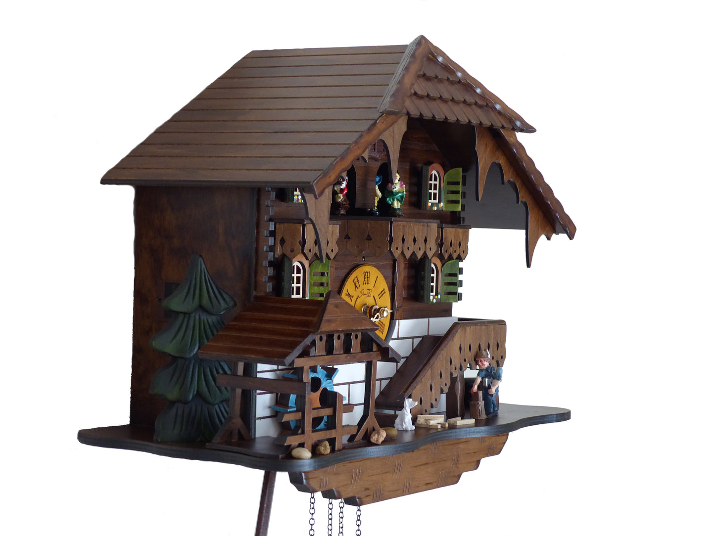 Traditional Black Forest Cuckoo Clock, Handcrafted, Moving Wood Chopper, Mill Wheel, Dancing Figurines, Quartz German Design, Volume Control, Auto Night Mode, Dark Walnut, 15.5"