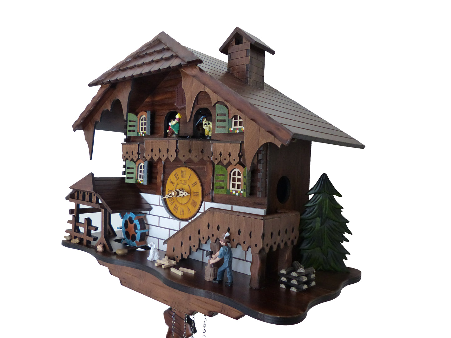 Traditional Black Forest Cuckoo Clock, Handcrafted, Moving Wood Chopper, Mill Wheel, Dancing Figurines, Quartz German Design, Volume Control, Auto Night Mode, Dark Walnut, 15.5"