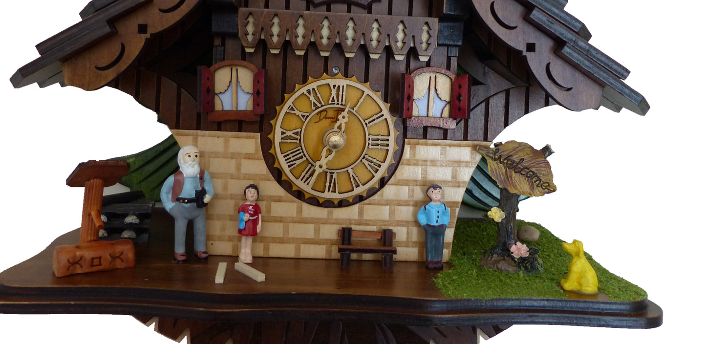 Traditional Black Forest Cuckoo Clock, Handcrafted, Dog & Family Decor, Quartz German Design, Wooden Pendulum, Volume Control, Auto Night Mode, Dark Walnut, 11.3" Height