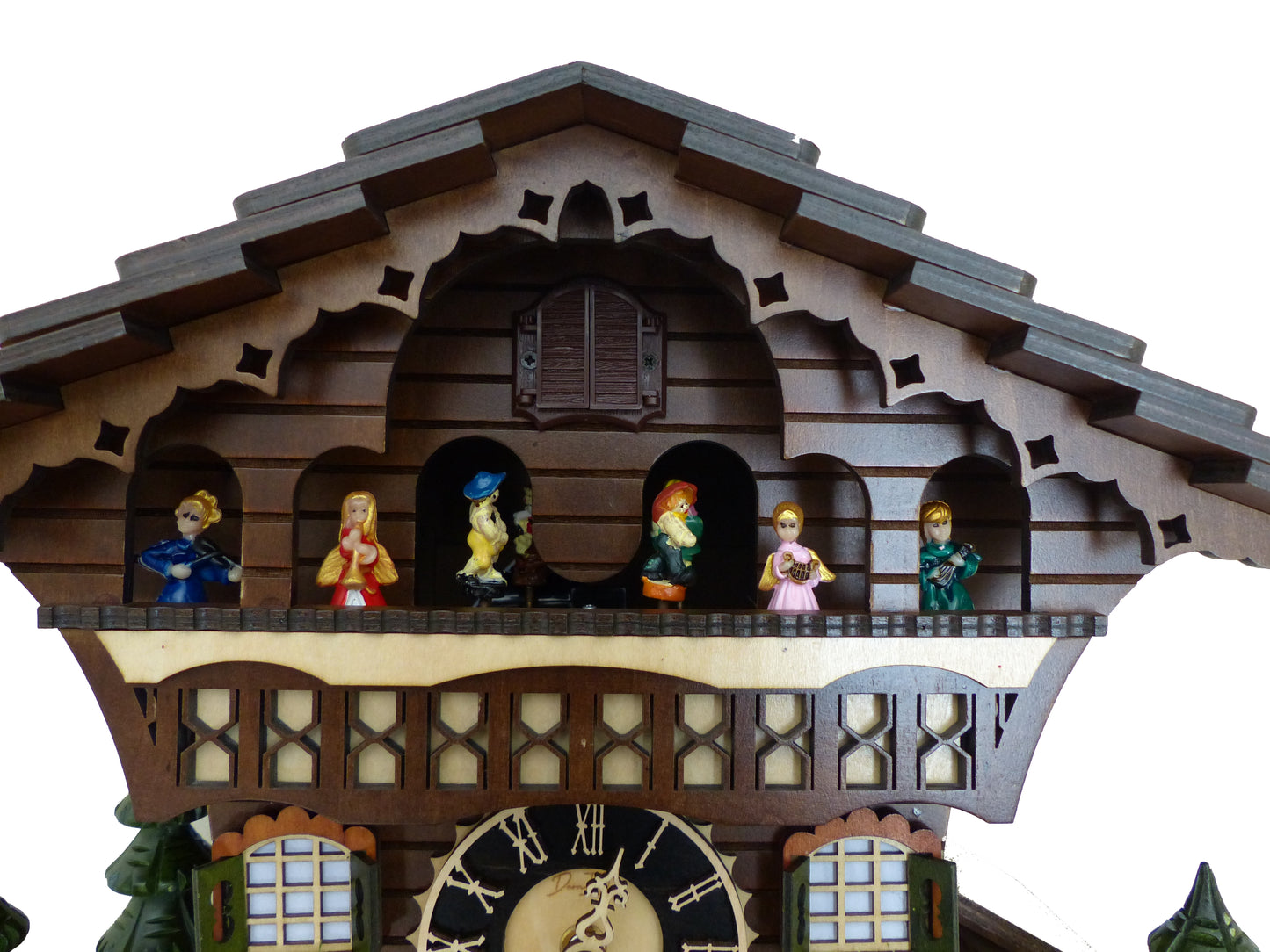 Traditional Black Forest Cuckoo Clock, Handcrafted, Dancing Figurines, Beer Drinkers & Wind Mill Decor, Quartz German Design, Volume Control, Auto Night Mode, Dark Walnut, 13.8"