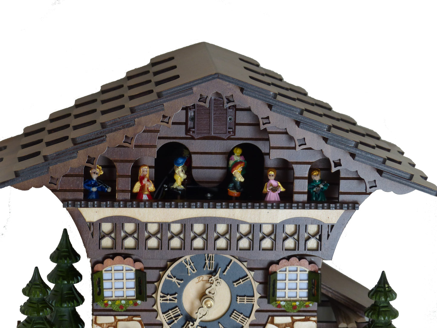 Traditional Black Forest Cuckoo Clock, Handcrafted, Dancing Figurines, Beer Drinkers & Wind Mill Decor, Quartz German Design, Volume Control, Auto Night Mode, Dark Walnut, 13.8"
