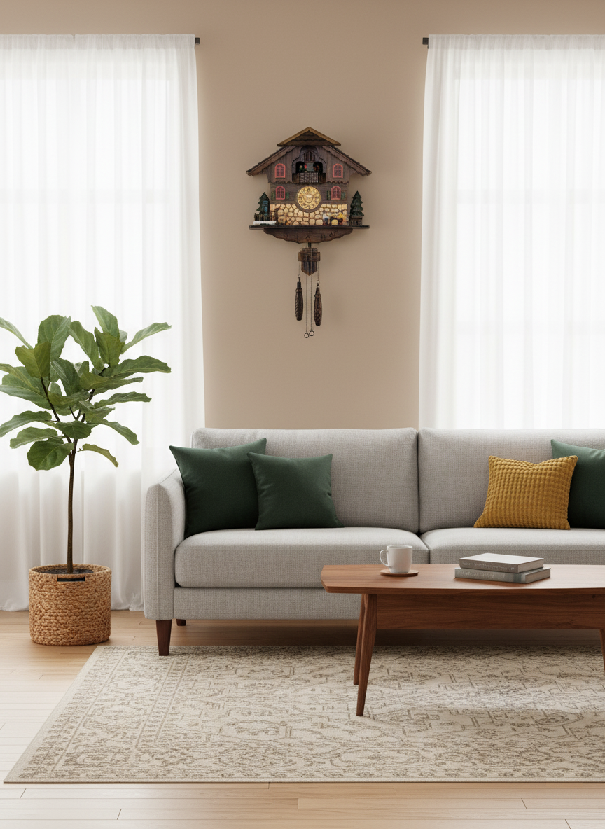 Cuckoo Clock for Wall, Handcrafted Traditional Black Forest Wooden House, Moving Beer Drinkers, Mill Wheel, Dancing Figurines, Quartz German Design, Volume Control, Auto Night Mode, Dark Walnut, 15.5"