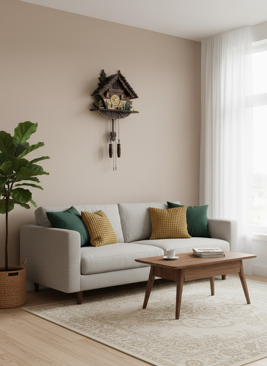 Traditional Black Forest Cuckoo Clock, Handcrafted, Dog & Family Decor, Quartz German Design, Wooden Pendulum, Volume Control, Auto Night Mode, Dark Walnut, 11.3" Height