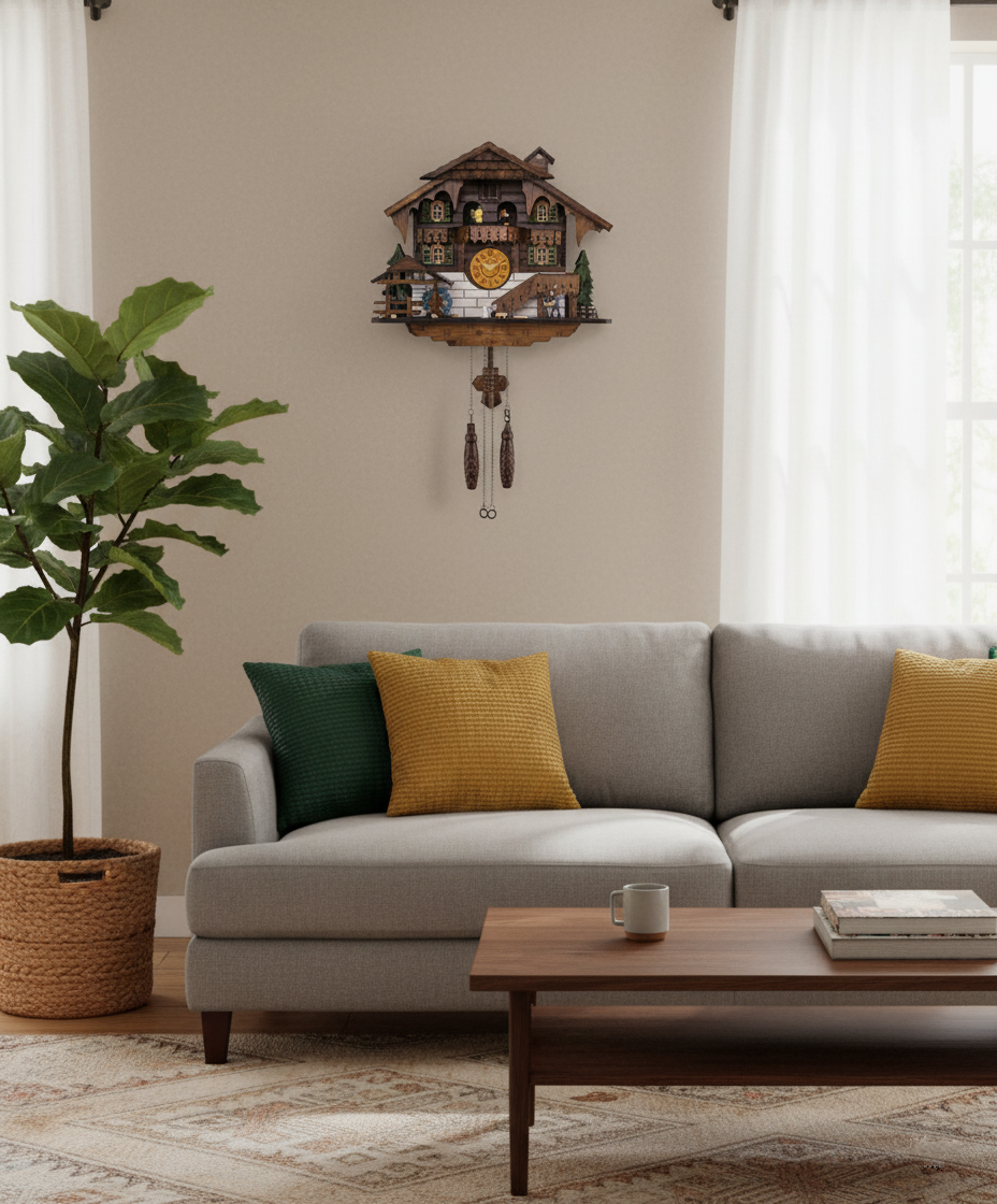 Traditional Black Forest Cuckoo Clock, Handcrafted, Moving Wood Chopper, Mill Wheel, Dancing Figurines, Quartz German Design, Volume Control, Auto Night Mode, Dark Walnut, 15.5"