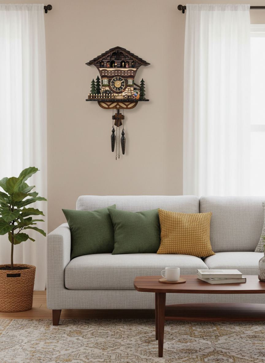 Traditional Black Forest Cuckoo Clock, Handcrafted, Dancing Figurines, Beer Drinkers & Wind Mill Decor, Quartz German Design, Volume Control, Auto Night Mode, Dark Walnut, 13.8"