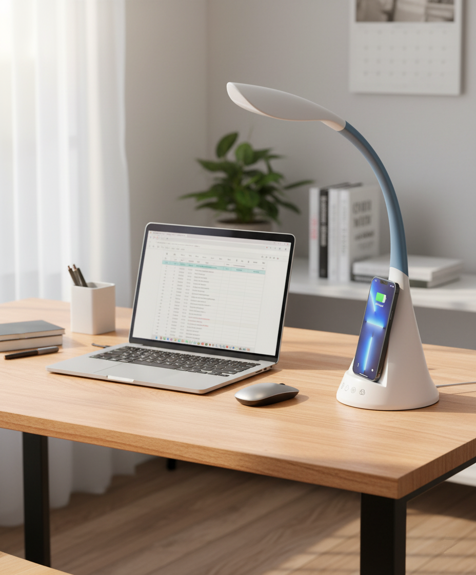 LED Desk Lamp for Home Office, Dimmable Table Lamp, Modern Reading Lamp Eye-Caring Desk Light, Wireless Charger, Touch Control, 3 Light Modes, 5 Brightness, RGB Mood Light, Adjustable Gooseneck, White