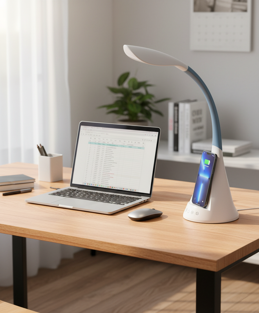 LED Desk Lamp for Home Office, Dimmable Table Lamp, Modern Reading Lamp Eye-Caring Desk Light, Wireless Charger, Touch Control, 3 Light Modes, 5 Brightness, RGB Mood Light, Adjustable Gooseneck, White