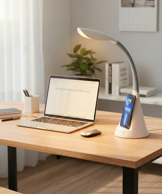LED Desk Lamp for Home Office, Dimmable Table Lamp, Modern Reading Lamp Eye-Caring Desk Light, Wireless Charger, Touch Control, 3 Light Modes, 5 Brightness, RGB Mood Light, Adjustable Gooseneck, White